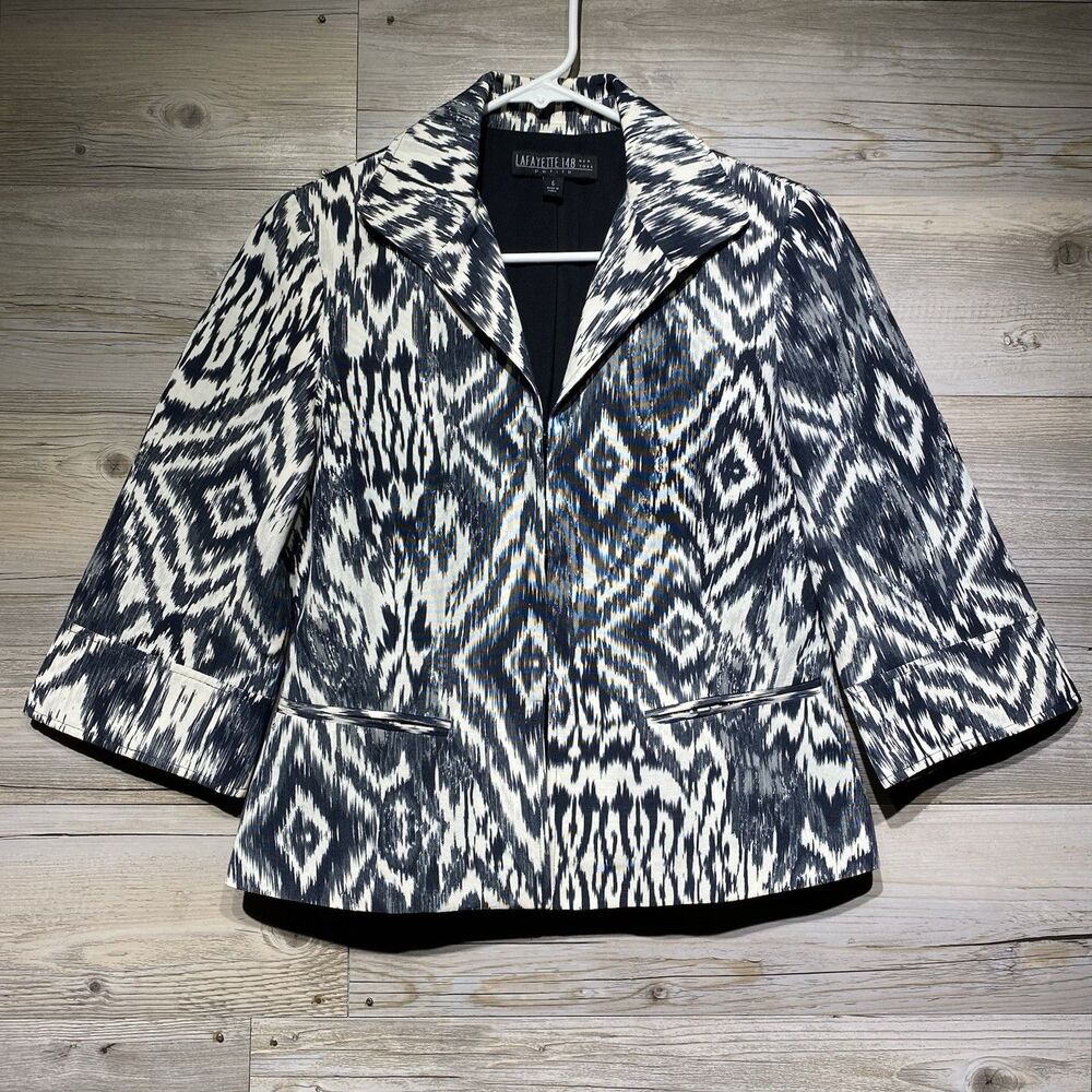 Lafayette 148 Jacket 6 Petite Abstract Aztec Brushstroke Hook & Eye 3/4 Sleeve